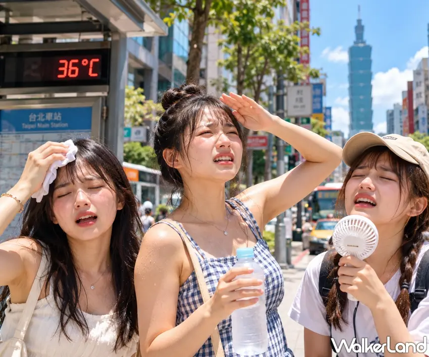 ▲36度高溫真的有感,站在戶外沒多久就熱到滿頭汗,手持風扇、冰水通通派上用場,臺北、新北等地今天更亮起高溫橙色燈號。圖/窩客島提供;窩客島整理