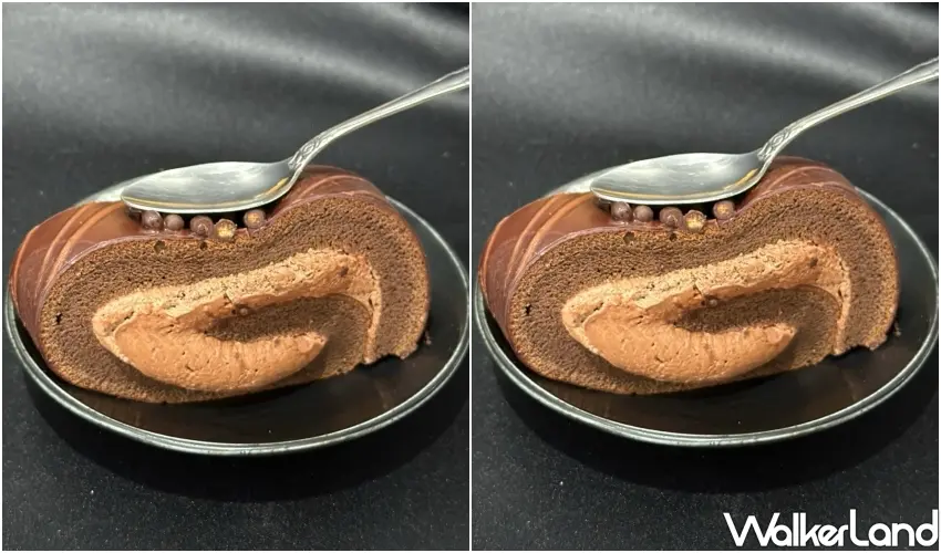▲BLACK黑饌80%喀麥隆脆皮黑巧克力生乳捲質地絲滑細膩,伴隨深邃木質香與熟成果乾餘韻。(攝影:鄭亦庭)