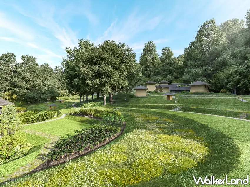 ▲換個角度看「階梯庭園」又是另一種風景,農田、草地、樹木與散策小徑一路向山林延伸,分棟式客房散落其中,把住宿空間自然融進明日香村的田園景色。圖/虹夕諾雅 飛鳥提供;窩客島整理