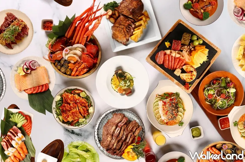 ▲Garden Kitchen午間自助餐就是要一次把想吃的通通拿上桌,海鮮、肉品、冷盤、沙拉與主餐排開來超有氣勢,聚餐最適合大家各自挑喜歡的菜色,再一起交換著吃。圖/台北萬豪酒店提供;窩客島整理