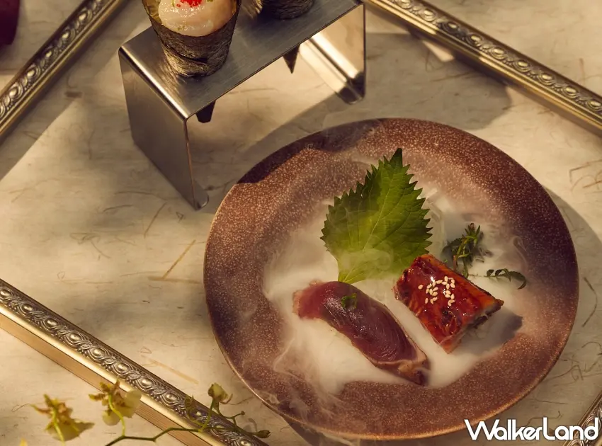 ▲和洋料理不只講究味道，擺盤也充滿精緻感，從軍艦壽司到魚料理都用細膩方式呈現，搭配煙霧更有上桌儀式感。圖／煙波莫內饗宴提供；窩客島整理