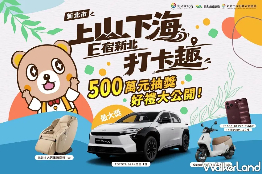 ▲這次新北國旅補助送禮完全不手軟,總價值高達5,000,000元的豪華陣容全公開,最大獎直接祭出超帥氣白色TOYOTA純電車,還有知名品牌按摩椅、最新款iPhone手機跟質感電動機車等大獎,通通準備好讓幸運兒帶回家。圖/新北市政府觀光旅遊局提供;窩客島整理