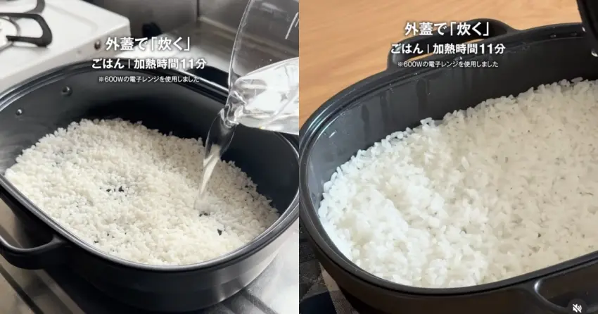 ▲搭配外蓋並加入米水微波11分鐘,連粒粒分明的熱騰騰白飯也能輕鬆煮出。