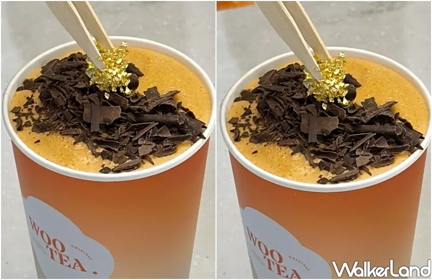 ▲金箔可可泰奶雪沙於特濃泰奶雪沙上層撒滿苦甜可可碎屑,並精心點綴閃耀細雪金箔,將手搖飲料華麗升級成五星級甜點體驗。(攝影:鄭雅之)