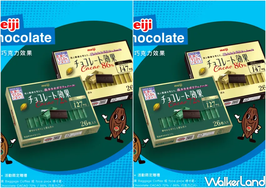 ▲日本meiji明治巧克力跨界合作,買Baggage Coffee或佛卡夏即贈高可可多酚明治巧克力。