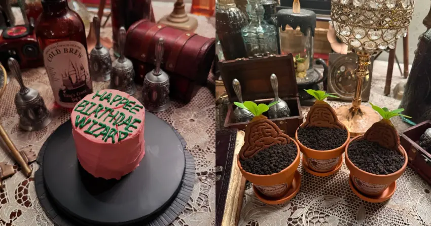 ▲經典還原電影中海格手作風格的粉紅生日蛋糕,與以草藥學課堂為靈感的魔蘋果盆栽甜點,都能讓死忠粉絲興奮不已。