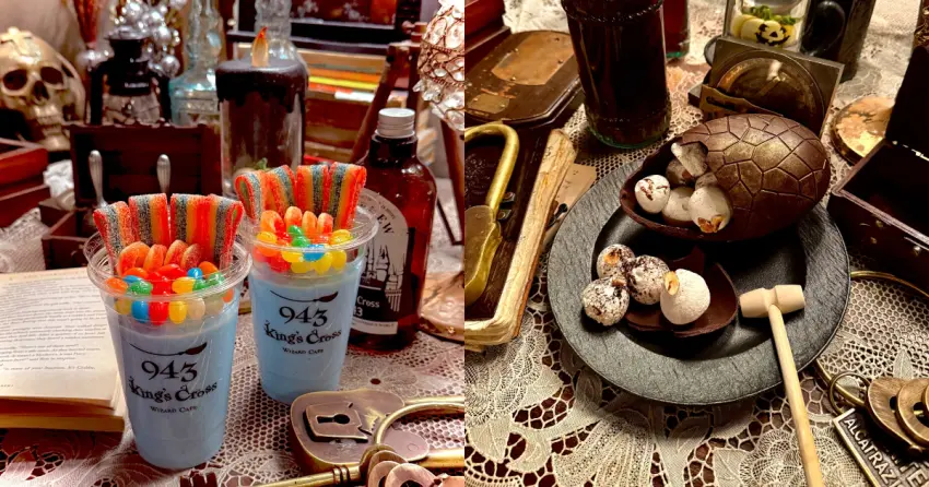 ▲天藍色蘇打風味的裝病冰沙鋪滿彩虹軟糖與果凍豆,展現衛氏巫師法寶店的惡作劇風格;以及附上小木槌的龍蛋甜點,敲碎巧克力外殼即可享用封印其中的蛋白霜餅乾,儀式感滿分。