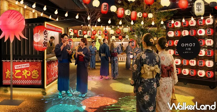 ▲越夜越熱鬧的花園廣場變身狂歡舞台，飯店外牆同步投影出巨型章魚燒等大阪特色圖標，全場旅客穿著浴衣跟隨音樂節奏起舞，沉浸在熱情滿點的慶典氛圍中。   圖／星野集團提供；窩客島整理