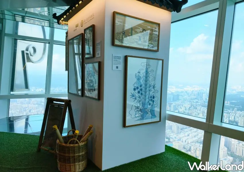 ▲89F觀景台《【玩轉故宮101】清宮時空雲端特展》展出多幅跨界藝術作品,巧妙將故宮經典國寶文物與台北101建築語彙完美融合。(攝影:鄭雅之)