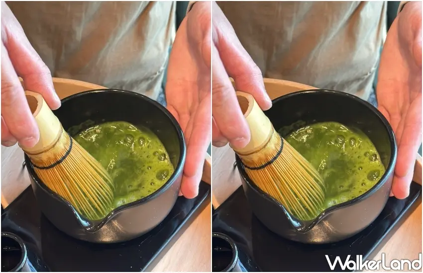 ▲星巴克夥伴於桌邊為顧客現場手刷抹茶,極致細緻的茶香泡沫展現茶瓦納抹茶三式首度登場的工藝。(攝影:鄭雅之)