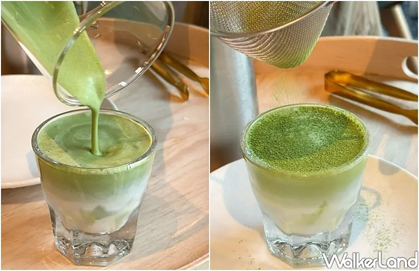 ▲星巴克夥伴於桌邊將濃郁抹茶淋入香醇鮮奶、撒上抹茶粉,打造抹茶三式第三式綠沁的絲滑極致口感。(攝影:鄭雅之)