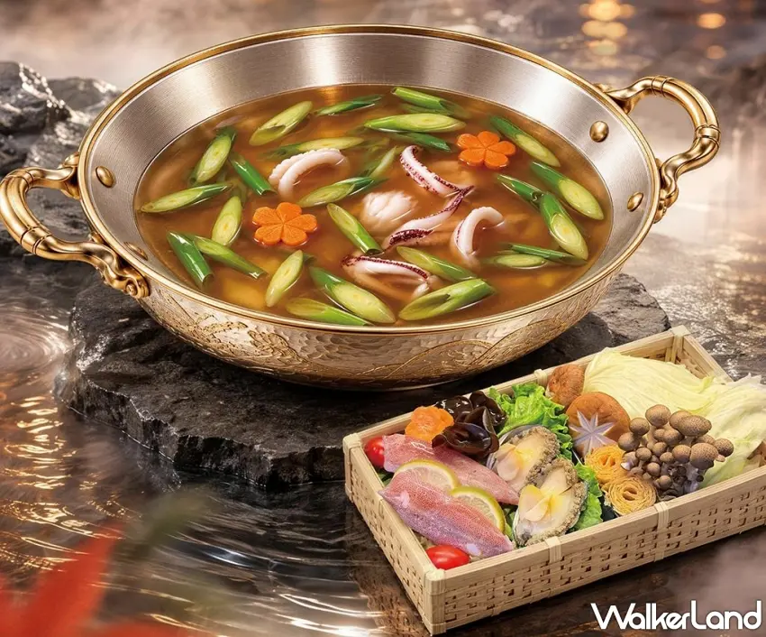 ▲湊湊火鍋把經典酒家菜變得更豪華了!秋季限定「魷魚螺肉蒜鍋」以濃郁蒜香搭配魷魚、螺肉慢熬,再加入當季透抽與鮑魚,讓醇厚湯頭多了海鮮清甜。金色鍋具搭配滿滿海味食材,光看就讓人想趕快開鍋。圖/呷哺呷哺餐飲集團提供;窩客島整理