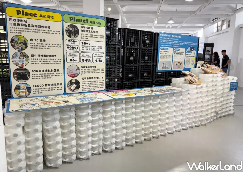 ▲展區使用全家Let’s Café牛奶空瓶與回收菜籃作為分隔牆面,展期結束可二次回收落實永續。(攝影:鄭亦庭)