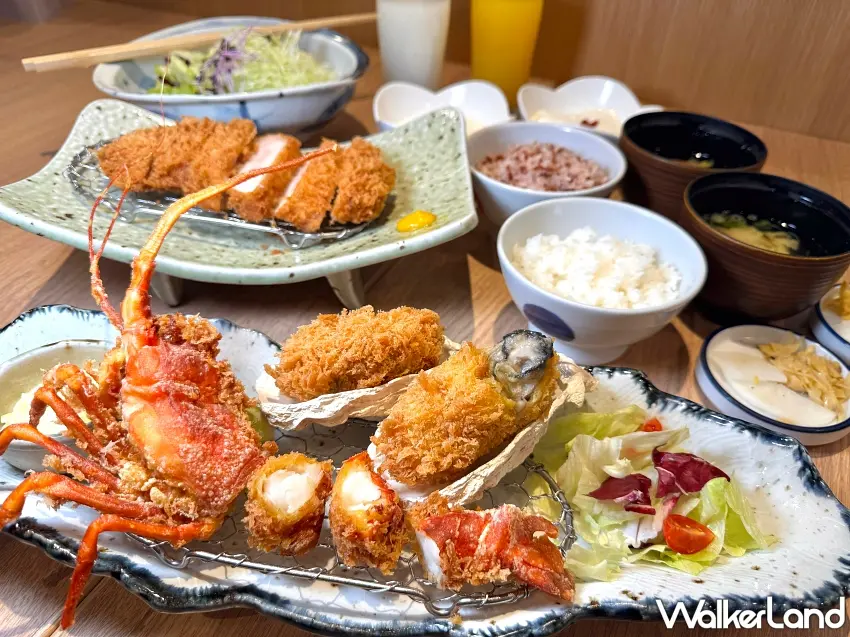 ▲勝勢SOGO復興店改裝開幕,直接把整隻軟殼龍蝦、平埔黑豬炸豬排與日本廣島牡蠣端上桌。海陸三大美味一次吃齊,還有白飯、湯品、高麗菜、甜點與飲品,雙人套餐開幕優惠價1,380元,想吃豬排又想吃海鮮,這份套餐通通滿足。圖/勝勢日式豬排提供;窩客島整理