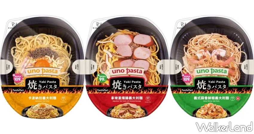 ▲全家3款燒義大利麵新品一次看。99元「卡波納拉義大利麵」主打半熟蛋黃粒與濃郁乳酪,89元「拿坡里燻腸義大利麵」鋪上德式香腸搭配酸甜番茄醬,99元「義式蒜香鮮蝦義大利麵」則加入4隻開背鮮蝦,從蛋香、肉香到蒜香海鮮一次滿足。圖/全家便利商店提供;窩客島整理