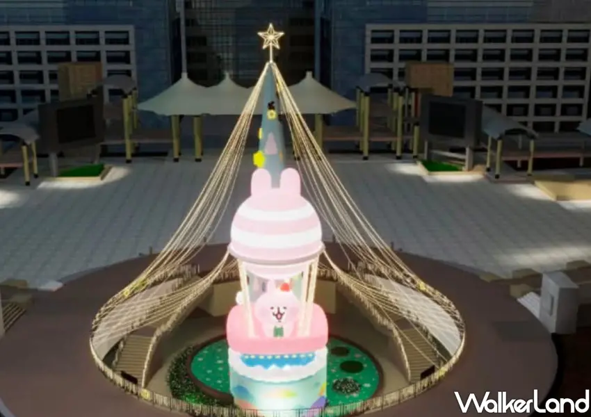 ▲2026新北歡樂耶誕城地標「竹筍耶誕樹」,今年改造成粉紅兔兔搭乘大頭熱氣球造型,夜間點亮成為市民廣場最耀眼的打卡點。