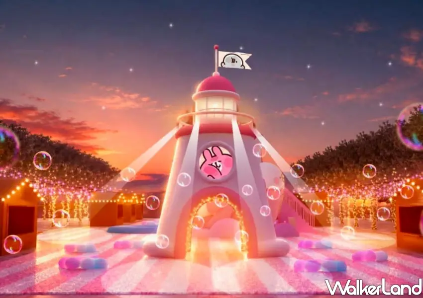 ▲2026新北耶誕城精心設置卡娜赫拉的小動物主題燈塔與特色市集,在黃昏夜色下散發夢幻節慶光芒。