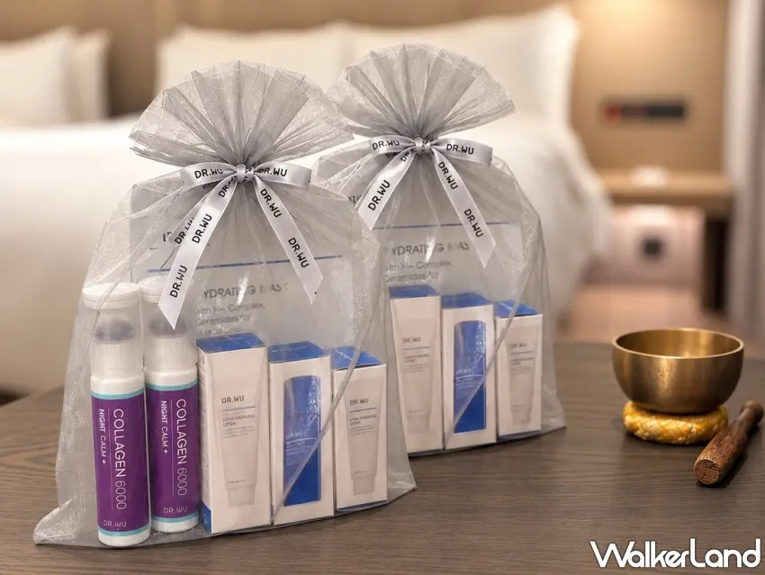 ▲女生的療癒旅行連保養品都準備好了!嵨開安旅與山形閣攜手DR.WU,入住女性深眠專案加贈5款居家醫美保養品,包含晚安雙膠原胜肽飲與玻尿酸保濕系列,從睡前保養到泡湯後的肌膚呵護,讓3天2夜的放鬆時光更加完整。圖/嵨開安旅提供;窩客島整理