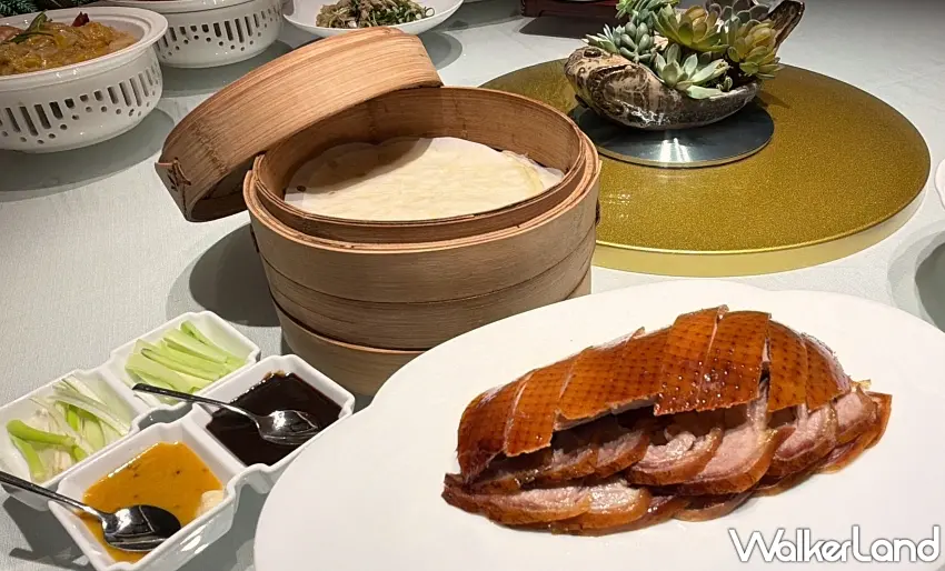 ▲烤鴨控最期待的畫面來了,片好的金黃鴨皮與粉嫩鴨肉整齊排在盤中,旁邊還準備熱騰騰的荷葉餅、蔥絲與醬料。夾起一片烤鴨包進餅皮,搭配蔥絲與甜麵醬,就是經典掛爐烤鴨最迷人的吃法。圖/劉家宴提供;窩客島整理