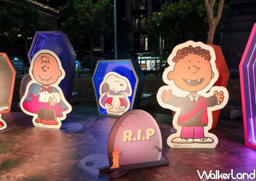 ▲查理布朗的萬聖夜驚魂等主題造景精采亮相,花生漫畫角色紛紛換上吸血鬼與棺材造型變裝搗蛋。(攝影:鄭雅之)