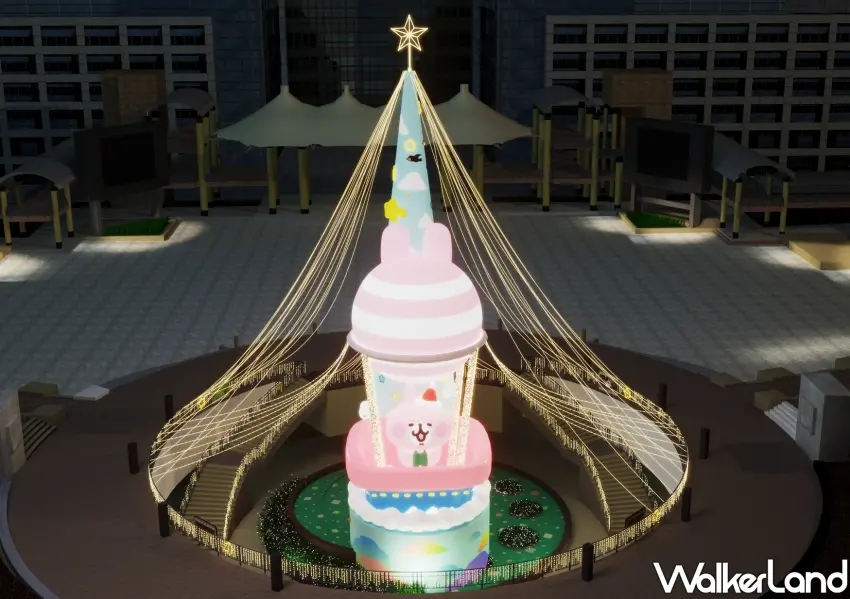 ▲市民廣場燈區地標「萌幻飛行號」粉紅兔兔搭著巨型熱氣球主燈強勢登場,隨聲光秀閃耀天際,震撼開啟2026新北耶誕城萌幻之旅。