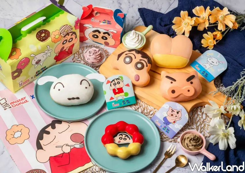 ▲Mister Donut熱銷中的蠟筆小新聯名系列甜甜圈與限量週邊商品,包含小新、小白、肥嘟嘟左衛門及搖屁屁款集合登場。