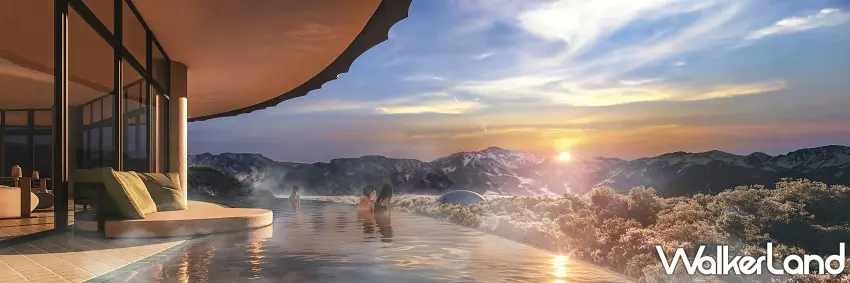▲這個景色真的太讓人期待了。星野集團RISONARE福井將在頂樓打造全景泳池,大片水面與遠方山景連成一片,還能眺望勝山群山與九頭龍川。想像泡在水中欣賞夕陽慢慢落下,根本就是森林度假的夢幻行程。圖/星野集團提供;窩客島整理