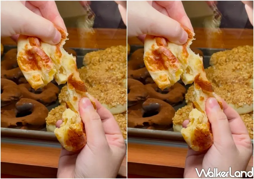 ▲三種起司麻糬甜甜圈揉入起司片與乳酪丁，大口撕開能感受扎實又具彈性的麻糬麵體，層次感十足。   