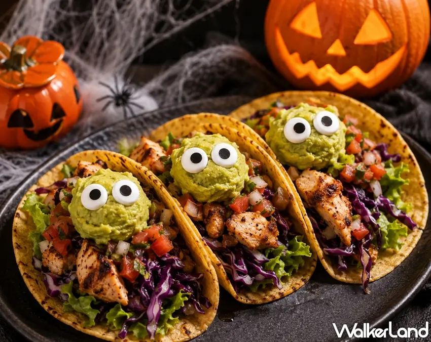 ▲這款塔可可愛到捨不得吃!「LA la Taco啦啦塔可餐車」推出小怪獸眼球酪梨醬烤雞肉塔可,嫩烤雞肉搭配酪梨醬、番茄丁與紫高麗菜,最吸睛的就是頂端圓滾滾的小怪獸眼球,直接把萬聖節搞怪氣氛端上餐桌。圖/有趣市集提供;窩客島整理