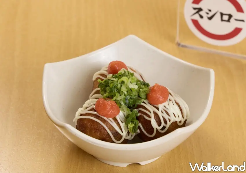 ▲免飛日本也能吃到道地滋味,壽司郎副餐推出明太子美乃滋章魚燒,Q彈章魚丁結合鹹甜醬香超涮嘴。