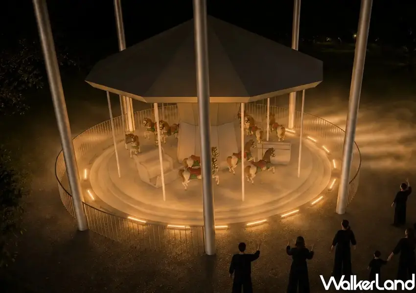 ▲2026白晝之夜把舊兒童樂園旋轉木馬變身光電獸,隨觀眾跳動節奏即時變換音樂速度。