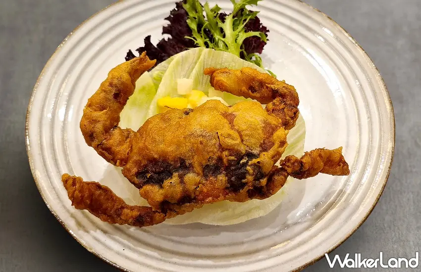 ▲秋蟹控必吃新品「果律軟殼蟹」,整隻軟殼蟹炸得金黃酥脆,連蟹腳都能直接享用,搭配清爽的季節水果沙拉,酸甜果香剛好平衡炸物的濃郁,吃起來酥香又開胃。圖/點水樓提供;窩客島整理
