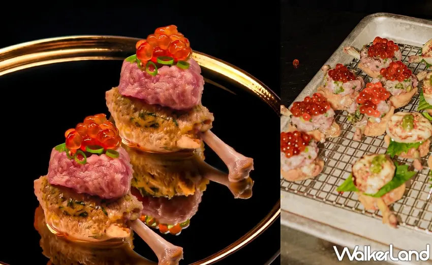 ▲炸雞壽司真的太有創意!雞肉上疊著鮪魚大腹與晶亮鮭魚子,再撒上青蔥點綴,從雞肉、魚肉到鮭魚卵,層層堆疊出不同食材的口感想像,光看這個組合就知道不是一般壽司店會出現的料理。圖/週末炸雞俱樂部提供;窩客島整理