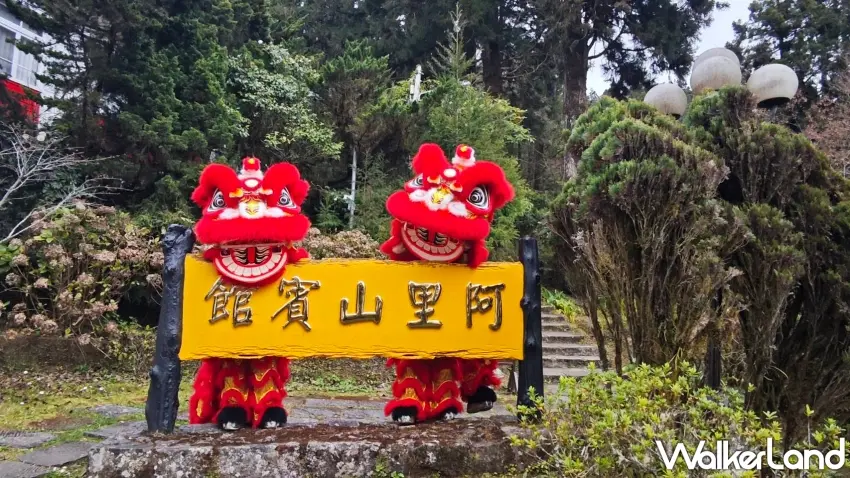▲兩隻紅通通的獅子守在阿里山賓館的黃色招牌旁邊,瞪大眼睛像在迎接旅客,年味一下子全出來了。農曆新年期間來到阿里山,除了賞景,還能遇見舞龍舞獅的熱鬧場面,把「咩力四射,洋洋得億」的新春祝福送到面前。圖/阿里山賓館提供;窩客島整理