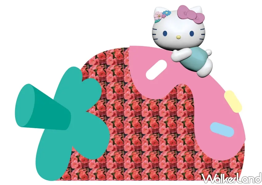 ▲Hello Kitty趴在巨型草莓與奶油花毯上,共度2026台中新社花毯節甜美放鬆的莓好時光。