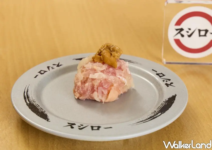 ▲和菓子造型壽司「海膽鮭魚萩餅」,以鮭魚鮪魚泥與醃黃蘿蔔裹入醋飯,點綴濃郁海膽更顯層次。