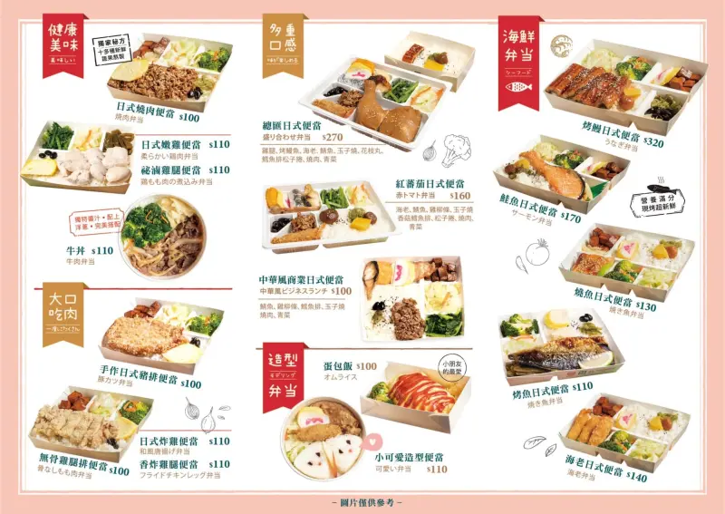 紅蕃茄日式便當的豐富菜單，圖文並茂地展示多種便當選擇，包含日式豬排、香炸雞腿、日式嫩雞等，讓顧客能直觀地選擇喜歡的餐點，菜單設計簡潔清晰。