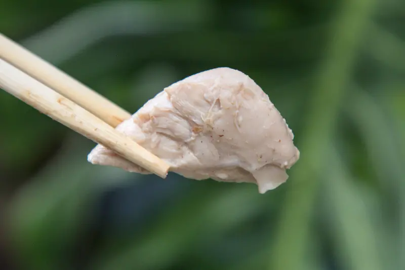 紅蕃茄客製化便當中的日式嫩雞特寫，選用台灣雞肉的雞柳條，口感細嫩到令人驚豔，經過專業烹調手法，保持了肉質的柔嫩與多汁，美味程度勝過舒肥雞。