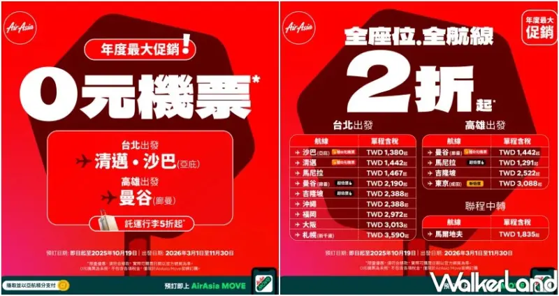 AirAsia 0元機票出國玩！台北飛清邁、曼谷0元起，馬爾地夫也破千元。