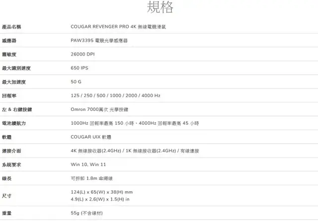 美洲獅COUGAR REVENGER PRO 4K無線電競滑鼠規格