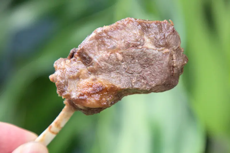 紅蕃茄400元客製化便當中的羊排特寫，帶骨羊排肉質軟嫩多汁，經過獨家調味後，不僅去除羶味，更保留了羊肉的鮮甜，展現出高級便當的用料堅持。