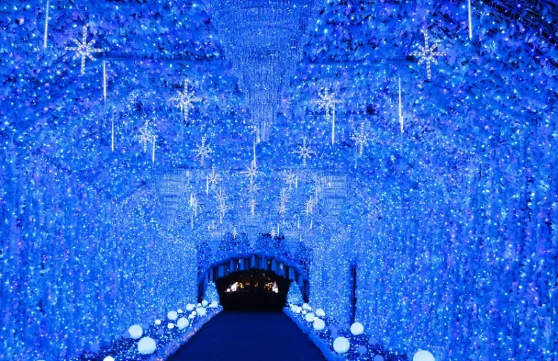 富士山下550萬夜燈齊綻，0.3公里夢幻光之隧道和雷射噴泉秀就在御殿場高原時之栖飯店。