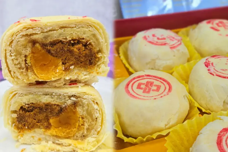 傳說中非常難買到的中鋼綠豆椪，綠豆沙、蛋黃和肉鬆的豐富配料，吃起來鹹中帶甜，甜中藏鹹｜中鋼月餅｜中秋月餅