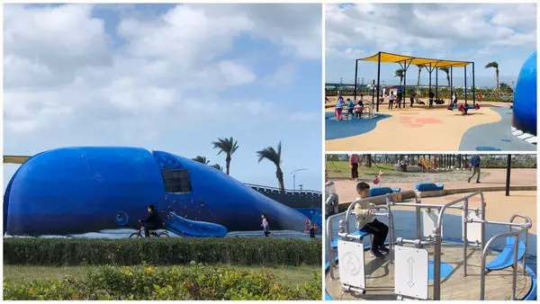 圓圓家出去玩-<新北八里>八里商港公園，超大鯨魚地景好吸睛，超有特色的共融式兒童遊戲場