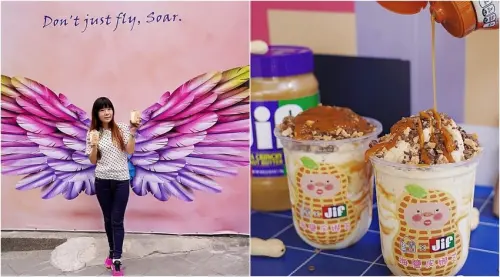 台中首間JIF聯名花生冰沙，現點現打吃得到脆皮顆粒，還有夢幻天使牆！