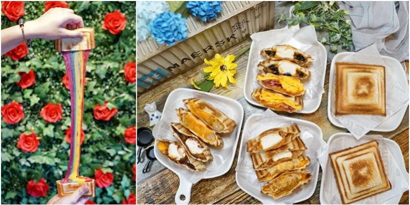 新竹樂兔洋食行巨城店。IG好拍彩虹熔岩吐司|最會牽絲的加州切達起司。結合新竹在地摃丸及福源花生醬的創意輕食！