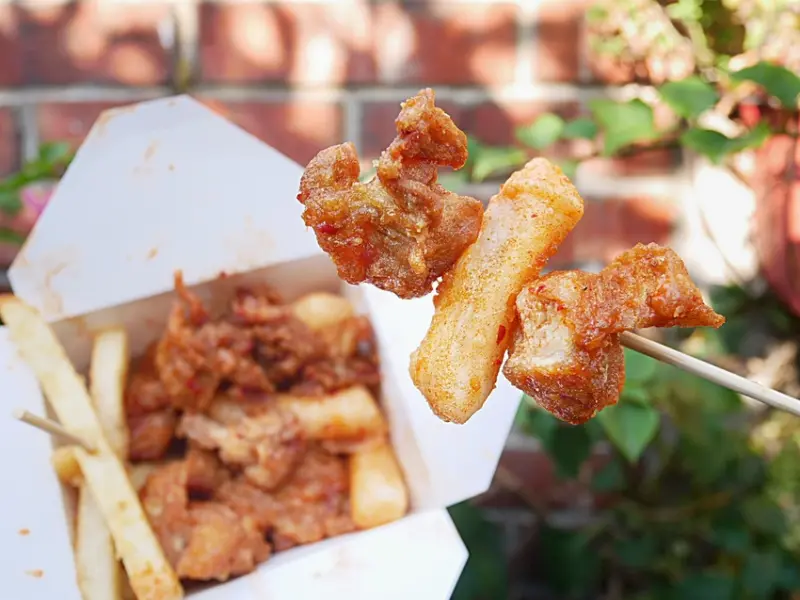 台中一中街韓式小吃，韓式炸雞、年糕平價享用，厚實韓式泡菜雞腿鋪滿起司好牽絲，9種調味隨你任搭-韓金量新韓流炸雞