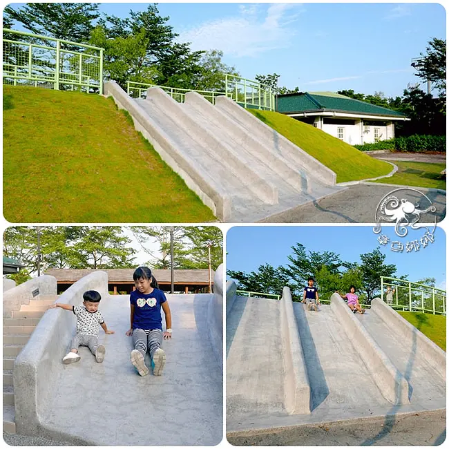 【宜蘭/員山公園】親子景點/四道水泥沙地溜滑梯，共兩款一大一小，巧妙區分大、小孩。