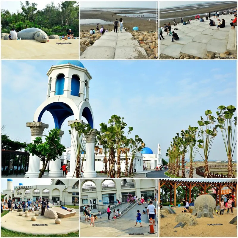 【新竹景點】南寮漁港／親子同遊好去處～親子沙灘成戲水熱門景點，烏龜、螃蟹和大章魚石雕、IG熱門打卡景點魚麟天梯、希臘地中海風格建築