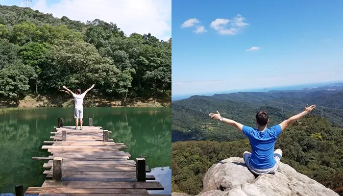 新北汐止景點『新山夢湖/野牛2號三角點』輕量級繩索登山，遠眺外木山大海及台北101，台北IG熱門打卡點，知名婚紗與廣告拍攝景點